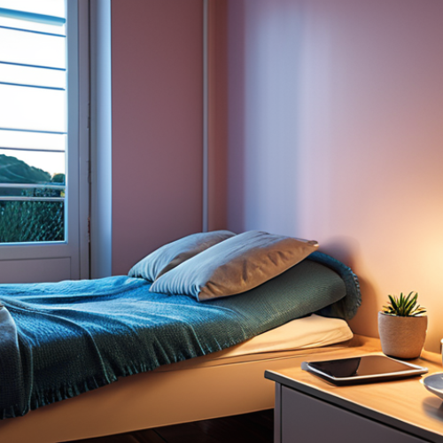 Home 16 A visual representation of a person's daily routine, from an energized morning in a Lisbon office bathed in bright, cool-toned light, fostering focus and productivity, to a serene evening in a cozy Algarve home where warm, soft light promotes relaxation and prepares for sleep. The scene subtly illustrates the body's natural circadian rhythm being harmonized by adaptive lighting, showing a transition from alertness to calm.