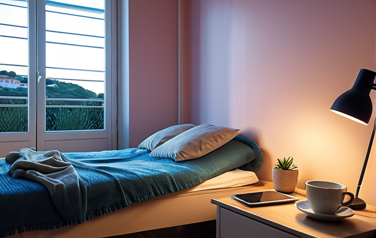 A visual representation of a person's daily routine, from an energized morning in a Lisbon office bathed in bright, cool-toned light, fostering focus and productivity, to a serene evening in a cozy Algarve home where warm, soft light promotes relaxation and prepares for sleep. The scene subtly illustrates the body's natural circadian rhythm being harmonized by adaptive lighting, showing a transition from alertness to calm.