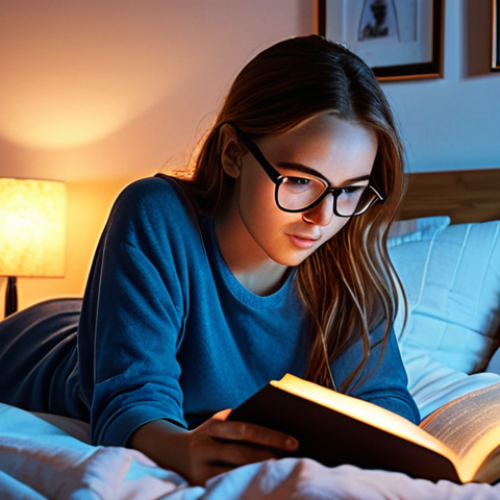 Home 15 **A cozy bedroom at dusk**: Soft, warm, amber-toned light emanating from smart lamps, creating a relaxing atmosphere. Include a person wearing blue light filtering glasses, reading a book in bed. The overall feeling should be calm and conducive to sleep.