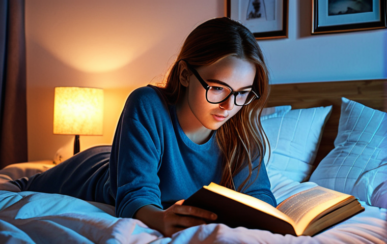 **A cozy bedroom at dusk**: Soft, warm, amber-toned light emanating from smart lamps, creating a relaxing atmosphere. Include a person wearing blue light filtering glasses, reading a book in bed. The overall feeling should be calm and conducive to sleep.