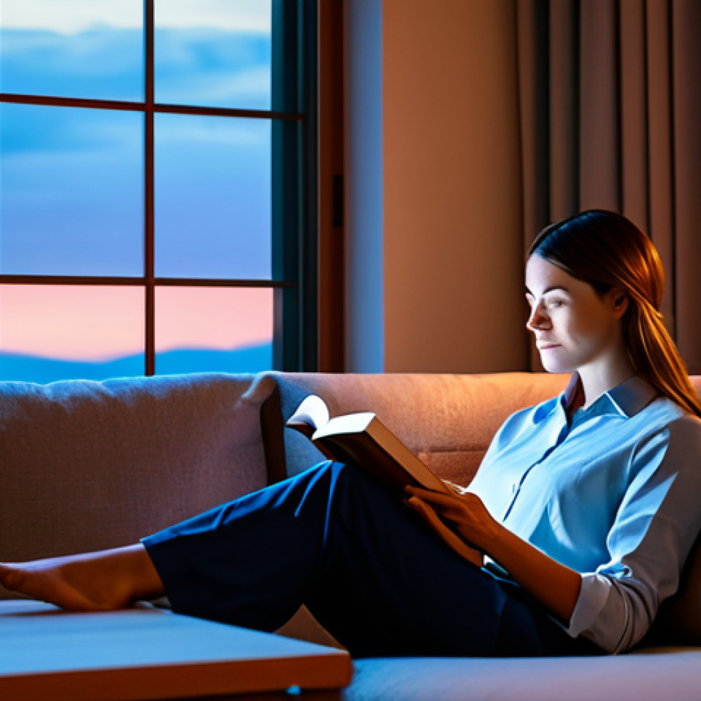 A professional woman, fully clothed in modest, comfortable attire, sitting calmly in a cozy, modern living room at dusk. The intelligent Circadian lighting system subtly shifts from a warm, ambient glow to a softer, more reddish hue, mimicking a sunset to aid relaxation and prepare for sleep. She is peacefully reading a book on a minimalist sofa, her expression content and at ease. The room features clean lines, natural textures, and a large window displaying the evening sky. Professional photography, soft ambient lighting, high-quality, safe for work, appropriate content, perfect anatomy, correct proportions, natural pose, well-formed hands, proper finger count, natural body proportions, family-friendly.