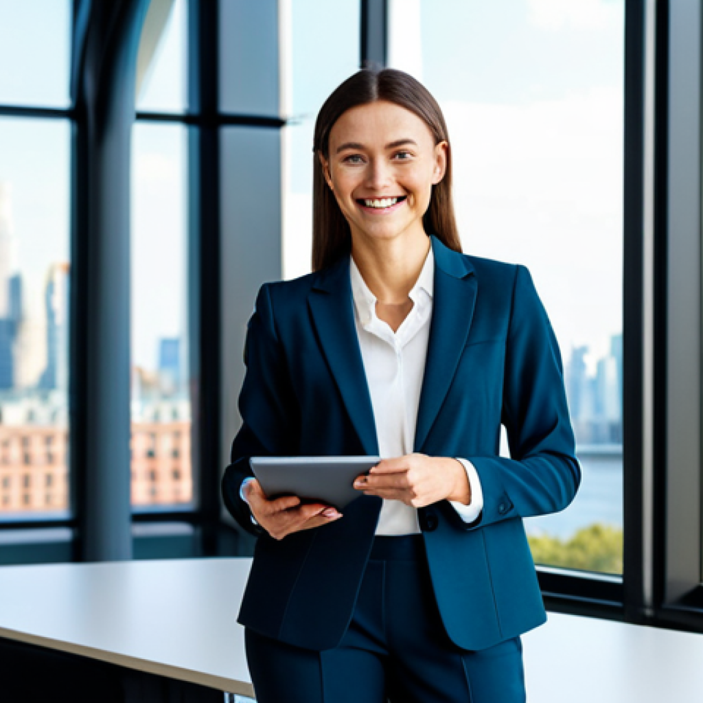 **

A successful businesswoman in a tailored, modest blazer and dress pants, standing in a bright, modern office. She's holding a tablet and smiling confidently.  Large windows show the city skyline in the background.  Perfect anatomy, correct proportions, natural pose, fully clothed, appropriate attire, professional setting, safe for work, high quality, professional photography.

**