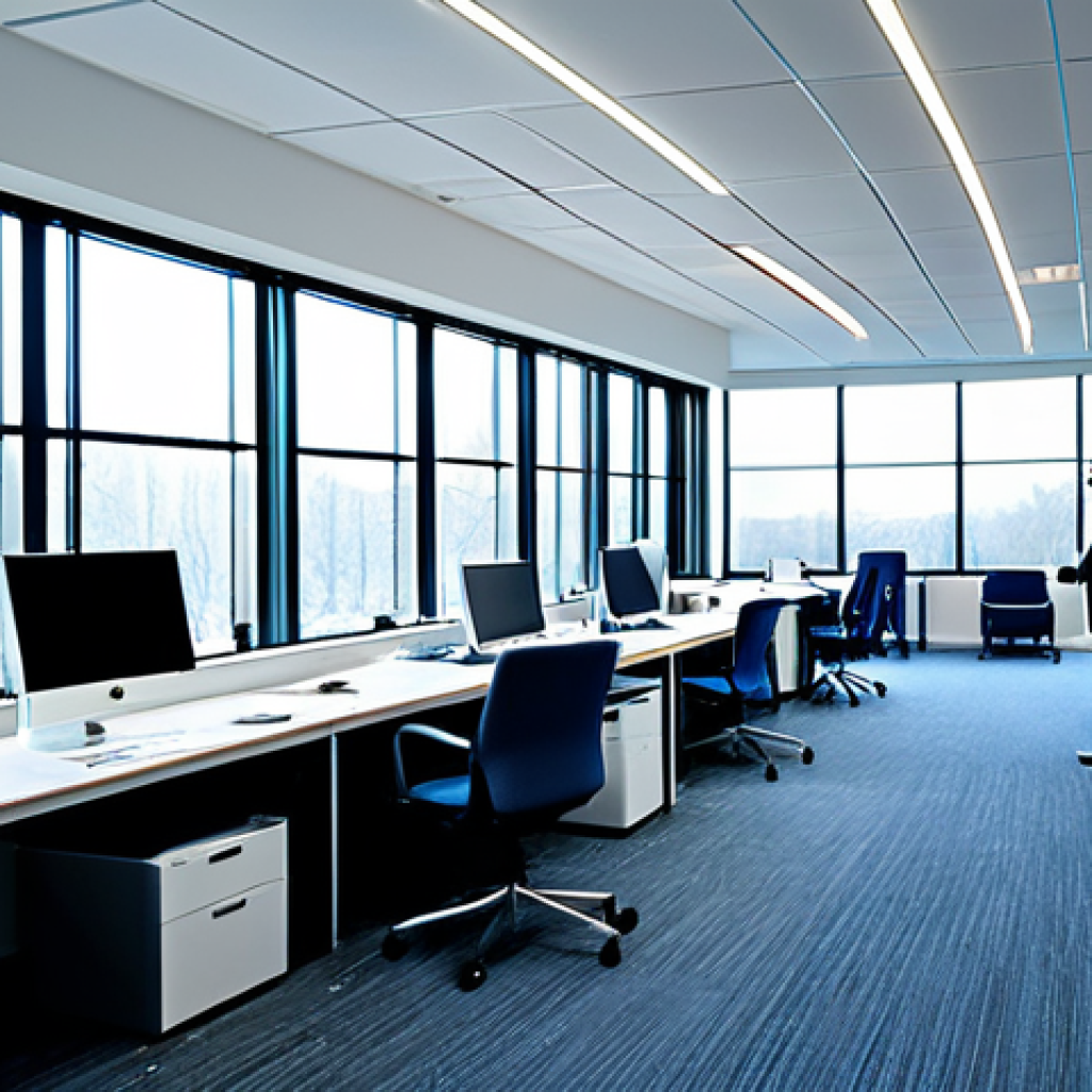 Modern Office with Circadian Lighting**

"A bright and modern office space, featuring professional employees working at desks, fully clothed in modest business attire. The scene showcases circadian lighting with cool, bluish tones simulating morning light. Large windows provide ample natural light.  Perfect anatomy, correct proportions, well-formed hands, natural pose, safe for work, appropriate content, professional, family-friendly, high quality, professional photography."

**
