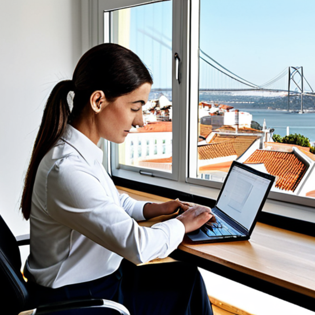 Morning Productivity**

"A brightly lit home office in Lisbon, Portugal, with large windows overlooking the Tagus River. A fully clothed woman in professional attire sits at a modern desk, working on a laptop. The lighting is cool and crisp, mimicking natural daylight.  Include indoor plants and a clean, minimalist aesthetic. Perfect anatomy, natural proportions, well-formed hands. Safe for work, appropriate content, fully clothed, professional, family-friendly. High quality, professional photography."

**
