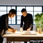 서큘래딘 조명 설계와 협업 플랫폼 활용 - **Prompt:** A clean, brightly lit, modern design studio in Portugal, where a diverse team of three p...