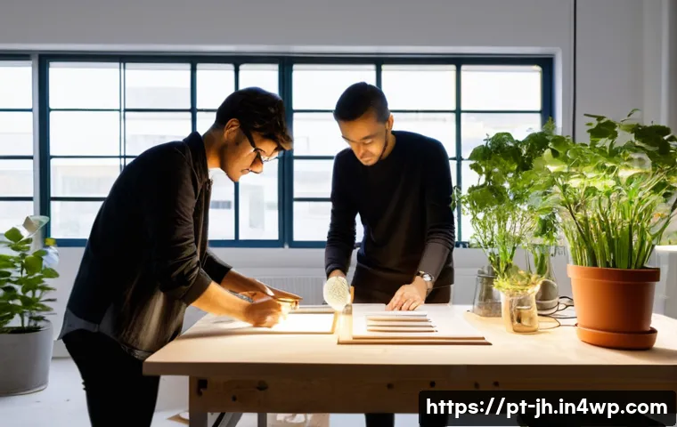 서큘래딘 조명 설계와 협업 플랫폼 활용 - **Prompt:** A clean, brightly lit, modern design studio in Portugal, where a diverse team of three p...