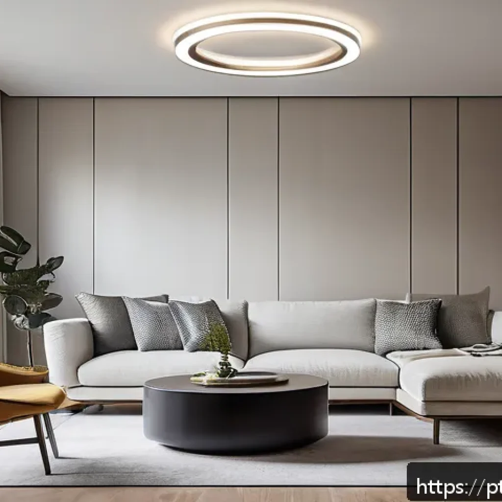 서큘래딘 조명 설계와 스마트 조명 기술 - A modern living room featuring a large circular LED ceiling light with a sleek aluminum and frosted ...