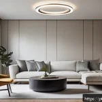 Home 23 서큘래딘 조명 설계와 스마트 조명 기술 - A modern living room featuring a large circular LED ceiling light with a sleek aluminum and frosted ...