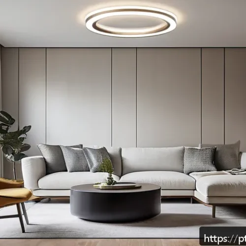 Home 17 서큘래딘 조명 설계와 스마트 조명 기술 - A modern living room featuring a large circular LED ceiling light with a sleek aluminum and frosted ...