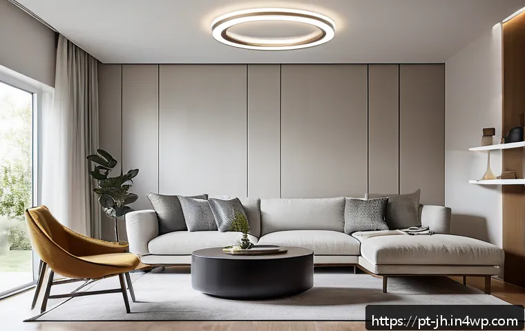 서큘래딘 조명 설계와 스마트 조명 기술 - A modern living room featuring a large circular LED ceiling light with a sleek aluminum and frosted ...