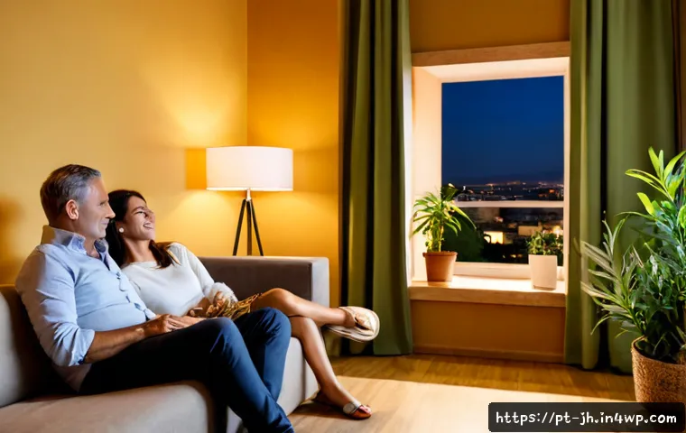 서큘래딘 조명 설계와 환경 친화성 - Photorealistic sustainable circadian lighting design in a modern Lisbon apartment living room, warm ...